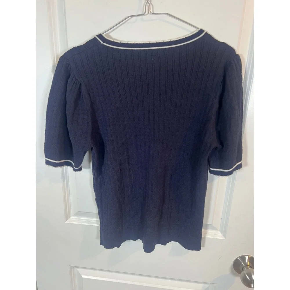 Adrianna Papell Womens Sweater‎ Top Cable Knit Puff Sleeve Navy Blue Size M